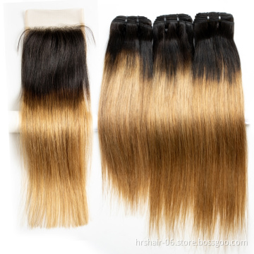 Factory Wholesale Cuticle Aligned T1b/27 Color Brazilian Straight Wave Virgin Hair Bundles With Closure